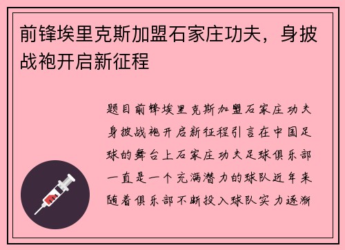 前锋埃里克斯加盟石家庄功夫，身披战袍开启新征程